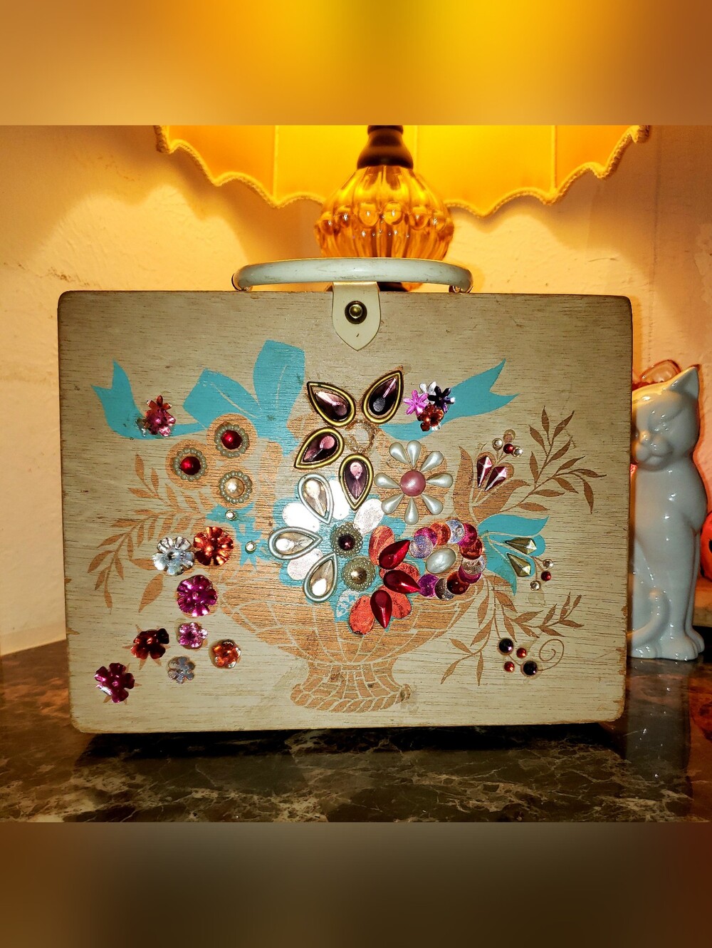 Mid-Century 1960's "Jewel" Embellished Wooden Box Purse